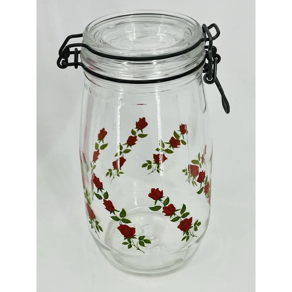Vintage Arc Red Roses Flowers 1.5 Liter Glass Cannister Jar France Latched Lid